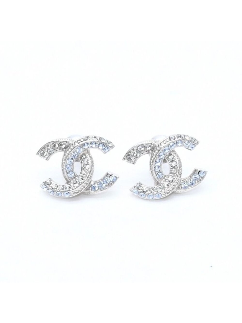 Chanel CC Logo Stud Earrings 13P Stamp Metal Rhinestone Silver Blue